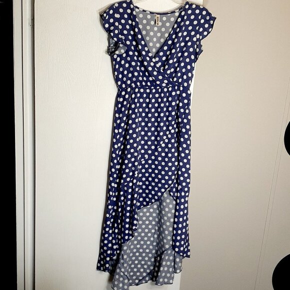 Grecerelle High-Low Maxi Wrap Dress; Blue Polka Dots; Cap Sleeves; Size Small - Picture 1 of 6